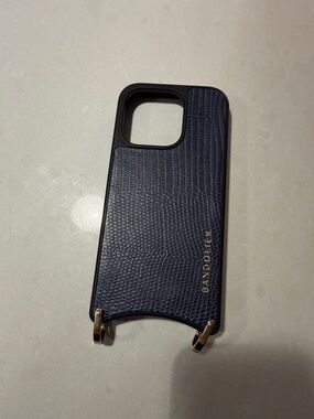 Bandolier Navy Leather-Texture Phone Case with Gold Hardware
